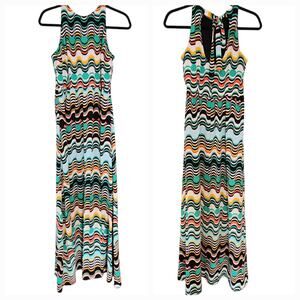 NWT Donna Morgan Maxi Dress Wavy Stripe Printed Sleeveless Open Tie Back sz 4